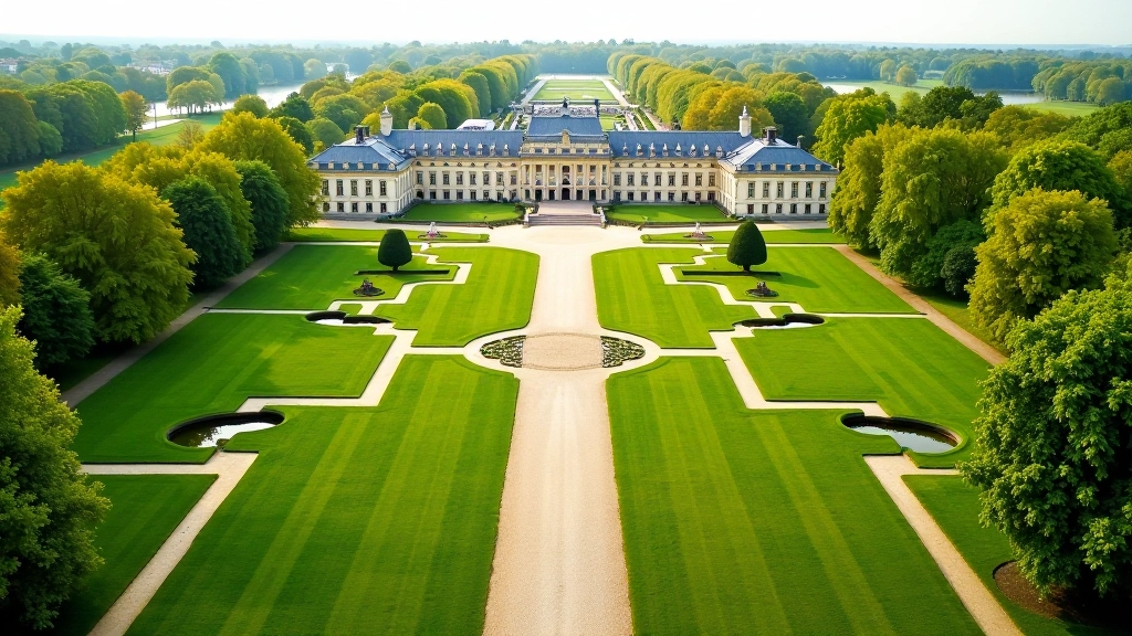 Luchtfoto van het uitgestrekte landgoed van Paleis Het Loo met formele tuinen, waterkanalen en groene gazons in het voorjaar