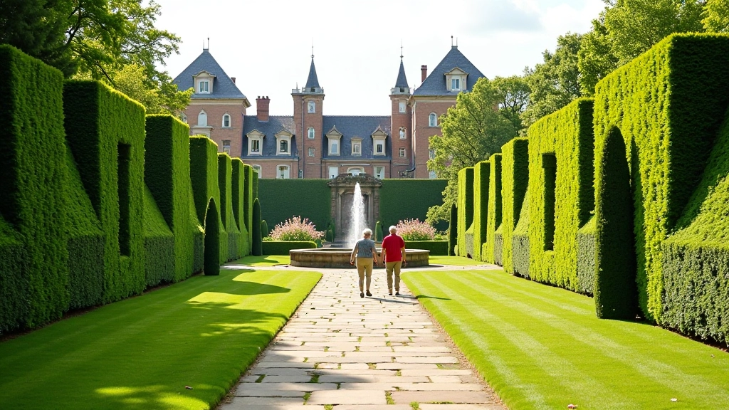 Senioren wandelen door kasteel tuinen met historische architectuur op achtergrond