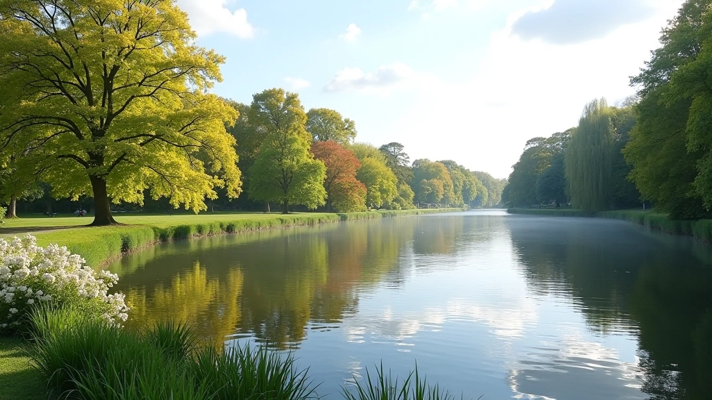 Waterfront in verschillende seizoenen met seizoensgebonden bloemen en bladeren, water in verschillende tinten en licht