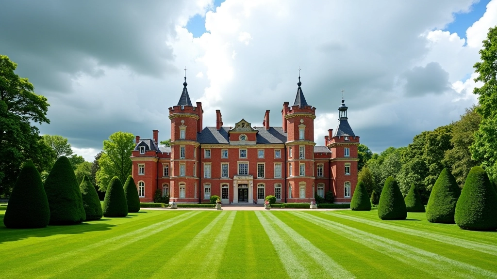 Kasteel de Haar gezien vanaf het grasveld, architectuur van rood baksteenwerk