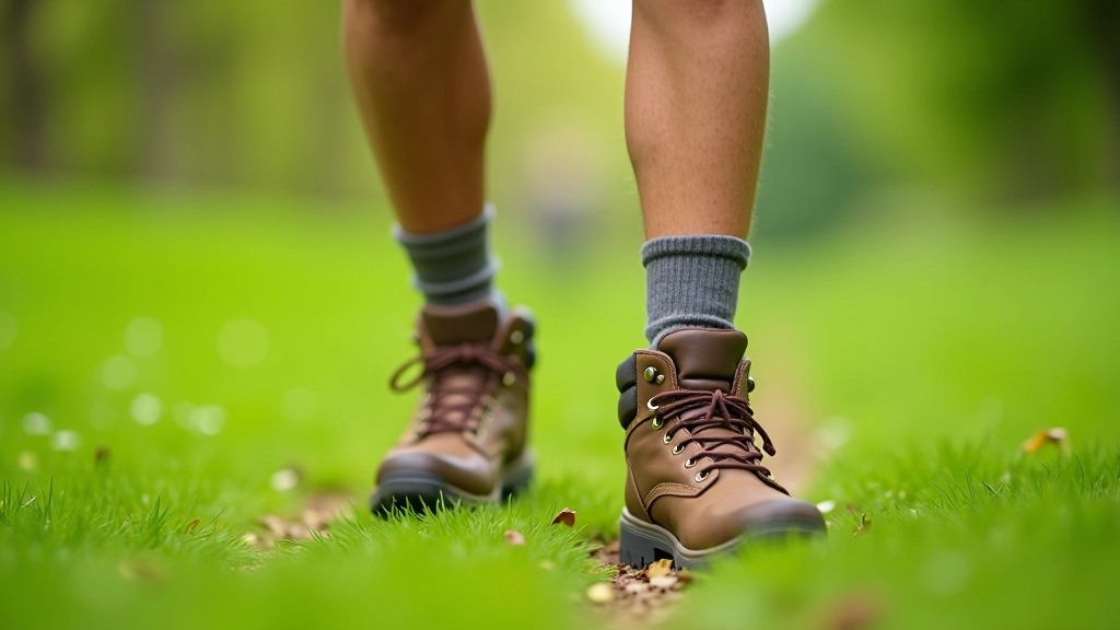 Close-up van voeten in wandelsokken met goede wandelschoenen, staande op een gras pad in een kasteeltuin