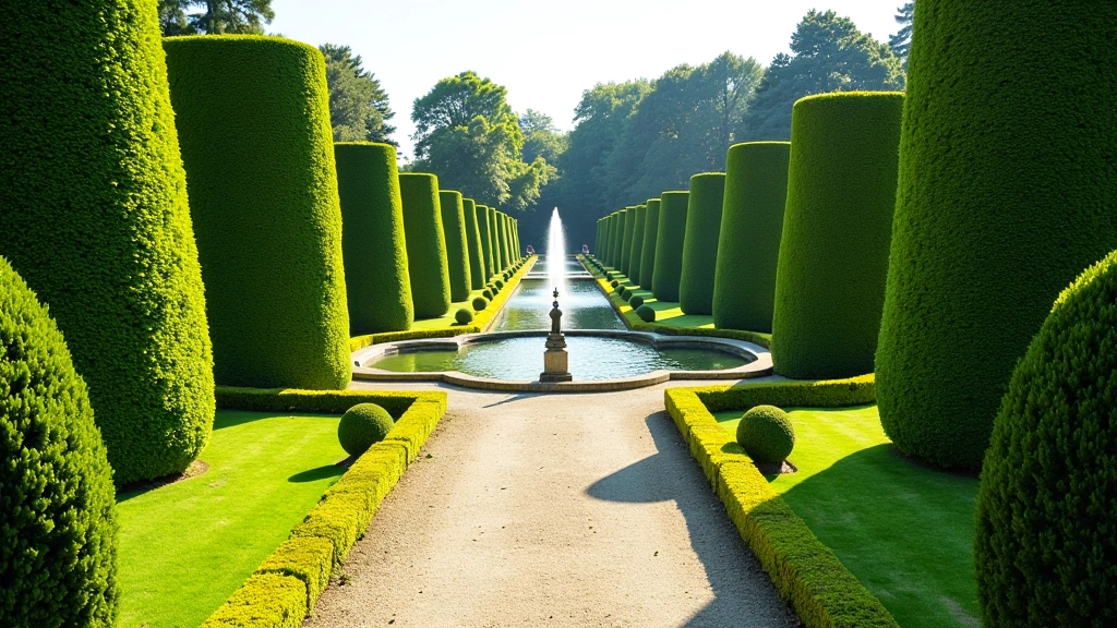 Geometrische waterkanalen en symmetrische groentuin met fonteinen in de formele tuinen van Paleis Het Loo