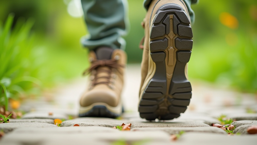 Detailafbeelding van stevige wandelschoenen met goede zooldemping op een stenen pad in kasteeltuin