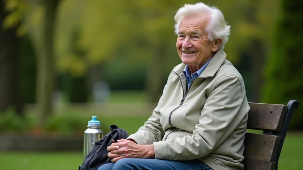 Senior wandelaar met kleine rugzak en waterfles zit op een bankje in de tuinen om uit te rusten