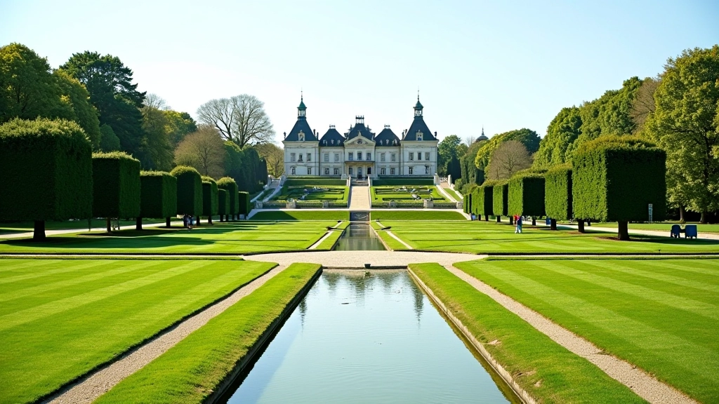 Panoramisch uitzicht over de formele tuinen van Paleis Het Loo met waterkanalen en groene gazons