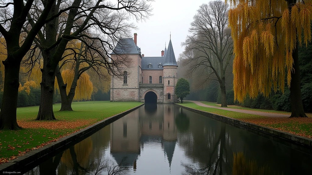 Kanaal van Kasteel de Haar omgeven door bomen met weerspiegeling in het water, middeleeuwse steenbouw zichtbaar op achtergrond