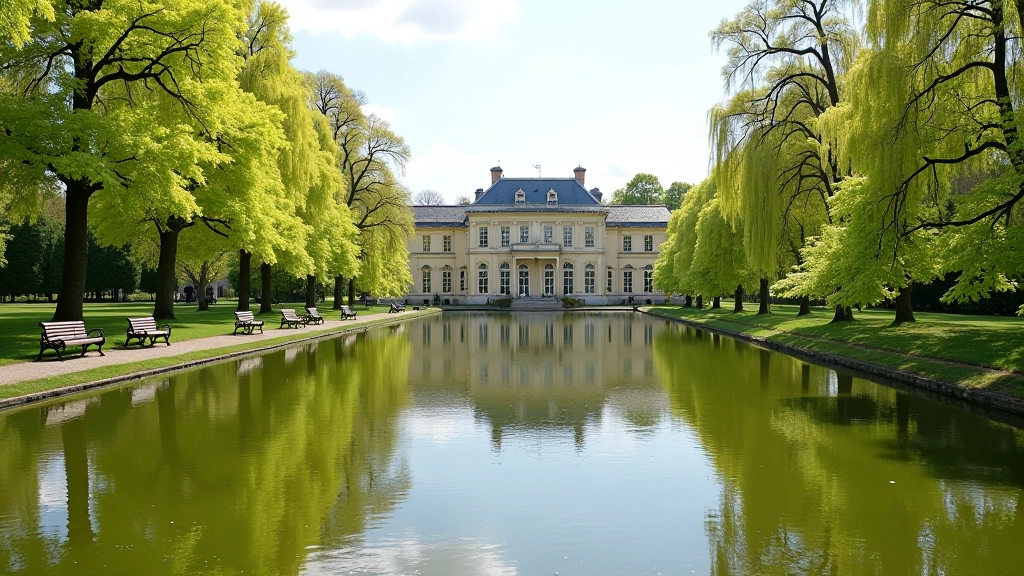Rustige vijver van Paleis Het Loo met weerspiegeling van het paleis in het water, zittende bezoekers op een bankje in de verte