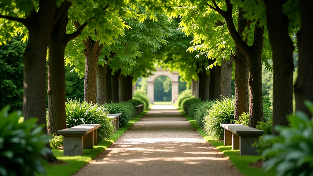 Elegante loofgang met overhangende bomen en klassieke banken langs het wandelpad in het paleistuinen