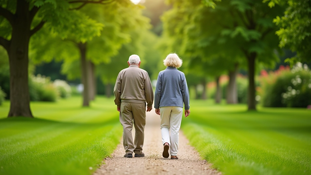 Twee oudere volwassenen wandelen samen op een zonnig pad met wandelstokken