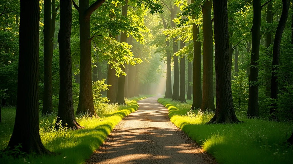 Slingerende wandelpad door bos met zonlicht tussen de bomen